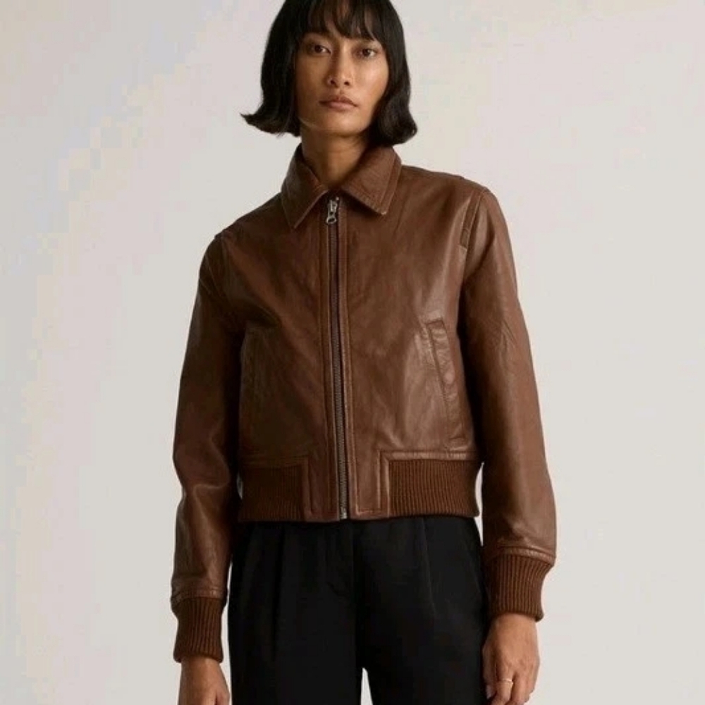 New Quince Leather Bomber Jacket $225 Small/XS. Cropped. Sheep. Small Flaw